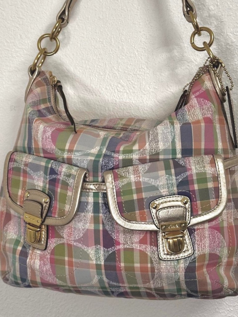 RARE Vintage Coach Poppy Madras Daisy Signature Hobo Double Pocket Plaid Tartan